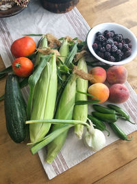 High angle view of fruits on table