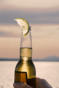 Cropped image of hand holding beer bottle against sea