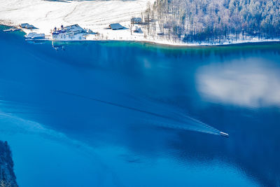 Aerial view of lake during winter