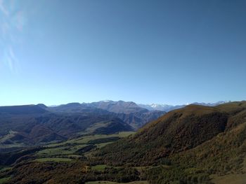 Scenic view of mountains against clear blue sky