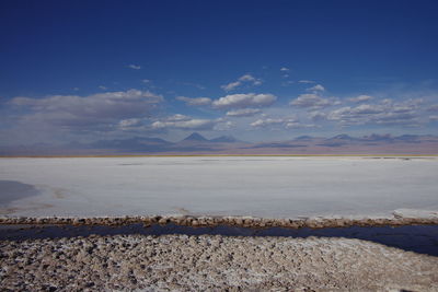 Scenic view of beach against blue sky