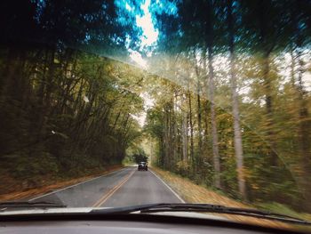 Road amidst trees against sky seen through car windshield