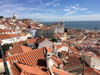 High angle view of town against sky