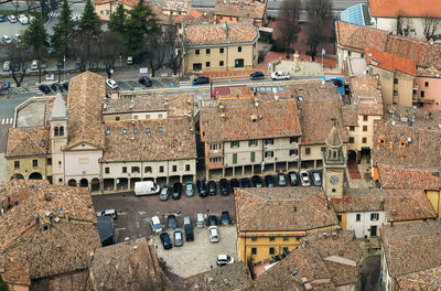 High angle view of buildings in town