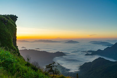 Scenic view of silhouette mountains against sky during sunset