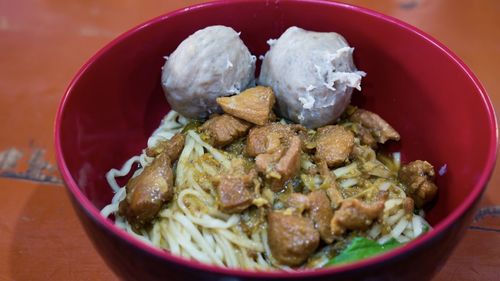 High angle view of food in bowl on table