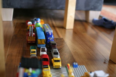 High angle view of toys on table at home