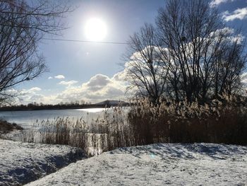 Scenic view of lake against cloudy sky