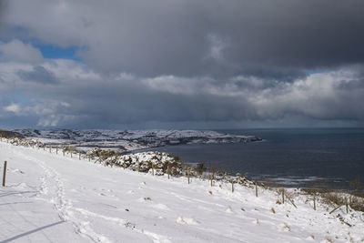 A winter snowy scene with a seaview