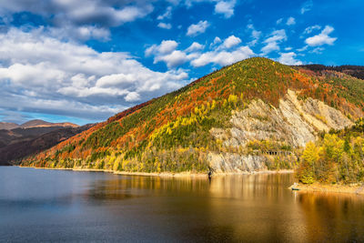 Scenic view of lake and mountains against sky