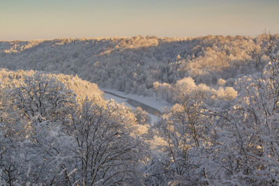 Scenic view of snow covered mountains against sky