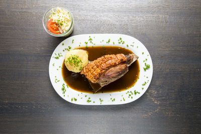 High angle view of meal served on table