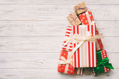 Close-up of christmas presents on table