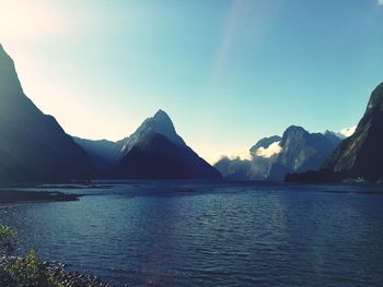 Scenic view of lake and mountains against sky