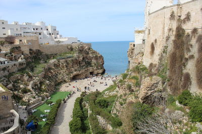 High angle view of townscape by sea against sky