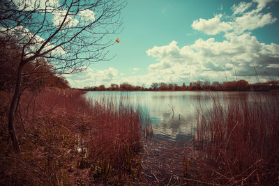 Scenic view of calm lake against cloudy sky