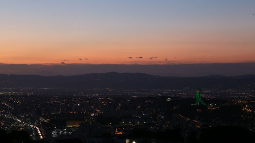 High angle view of buildings in city during sunset