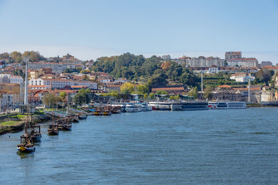 Boats in sea against clear sky