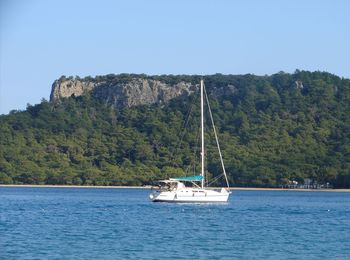 Sailboat sailing on sea against clear sky