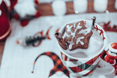 Close-up of christmas decorations on table