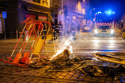 High angle view of bonfire at night