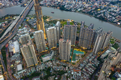 High angle view of modern buildings in city