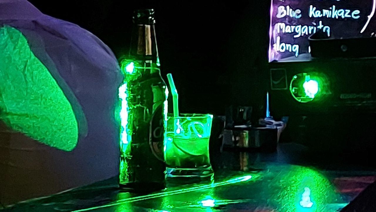 green, light, bottle, illuminated, indoors, night, no people, alcohol, drink, darkness, refreshment, container, neon, food and drink