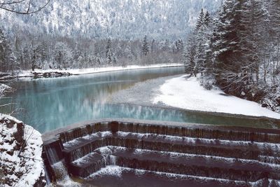 Scenic view of frozen lake in forest during winter