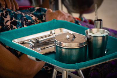 High angle view of dental equipment in tray