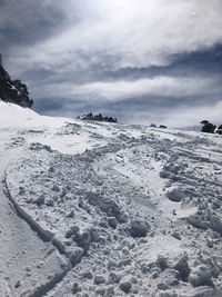 Snow covered land against sky