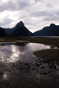 Scenic view of lake and mountains against sky