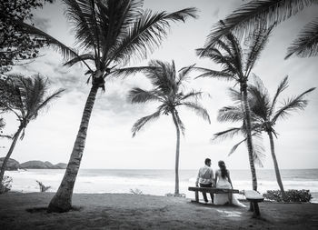 A couple in love is sitting on a bench under the palm trees facing the sea