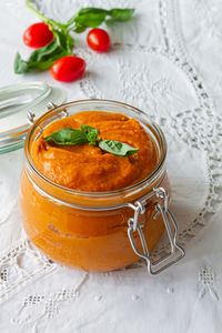 High angle view of soup in glass on table