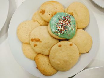 High angle view of cookies in plate