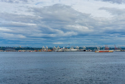 Scenic view of sea by city against sky