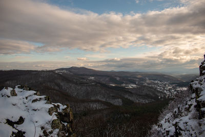 Scenic view of snow covered mountains against sky