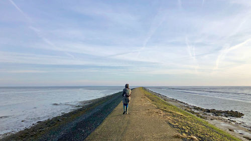 Rear view of man walking at beach against sky