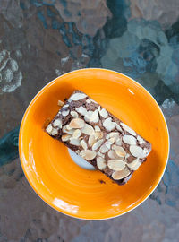 High angle view of breakfast served on table