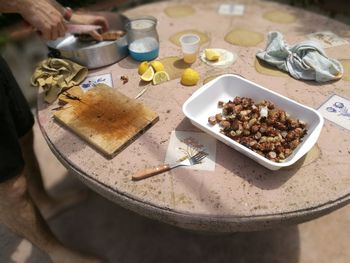 High angle view of breakfast served on table