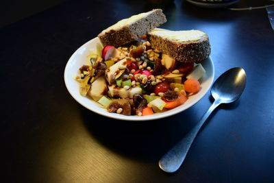 High angle view of breakfast served on table