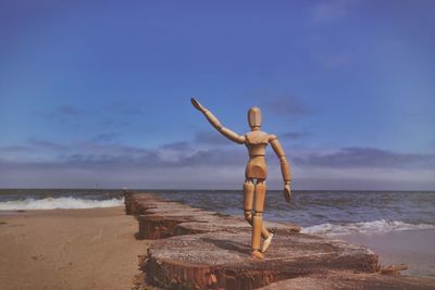 Rear view of figurine at beach against sky