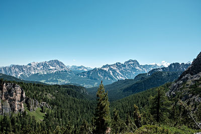 Scenic view of mountains against clear blue sky