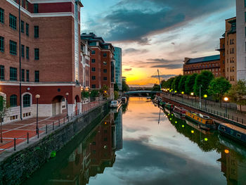 Canal amidst buildings against sky during sunset