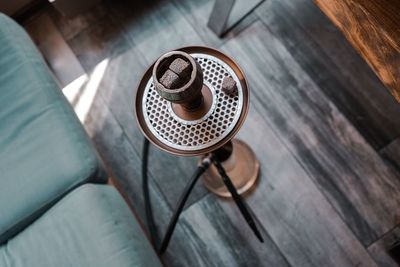 High angle view of coffee cup on table