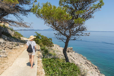 Rear view of man standing by sea against sky