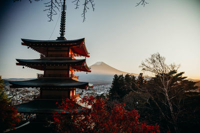 Traditional building against sky during sunset