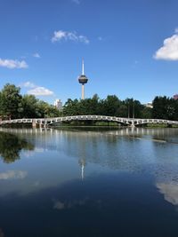 Scenic view of lake by building against sky