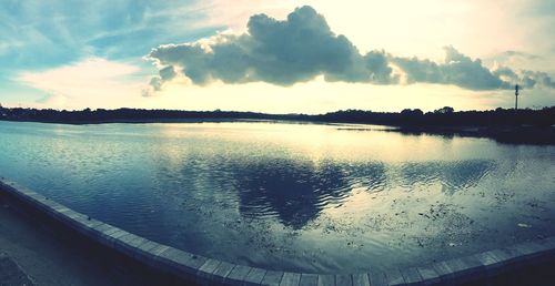 Scenic view of lake against sky at sunset