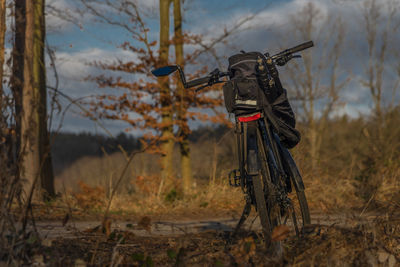 Side view of man riding bicycle on field