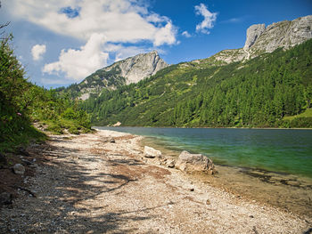 Scenic view of lake and mountains against sky